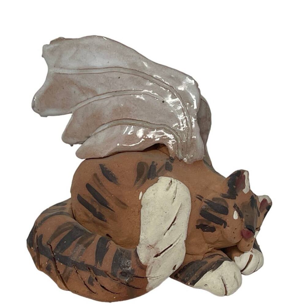 VTG Primitive Naive Folk Art Handmade Pottery Cat with Wings Figurine